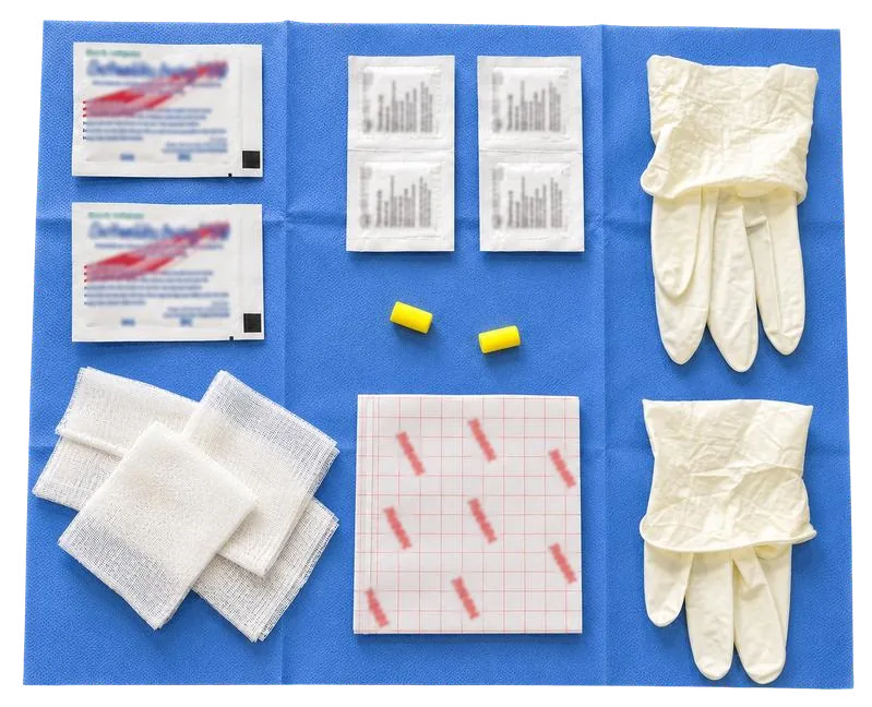 Kit de desconexión de catéter de hemodiálisis extendido sobre su campo azul